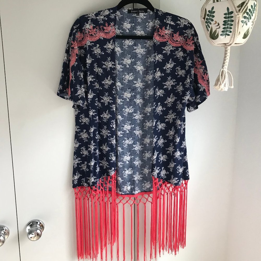 Floral Fringe Kimono with Pink Lace Detail